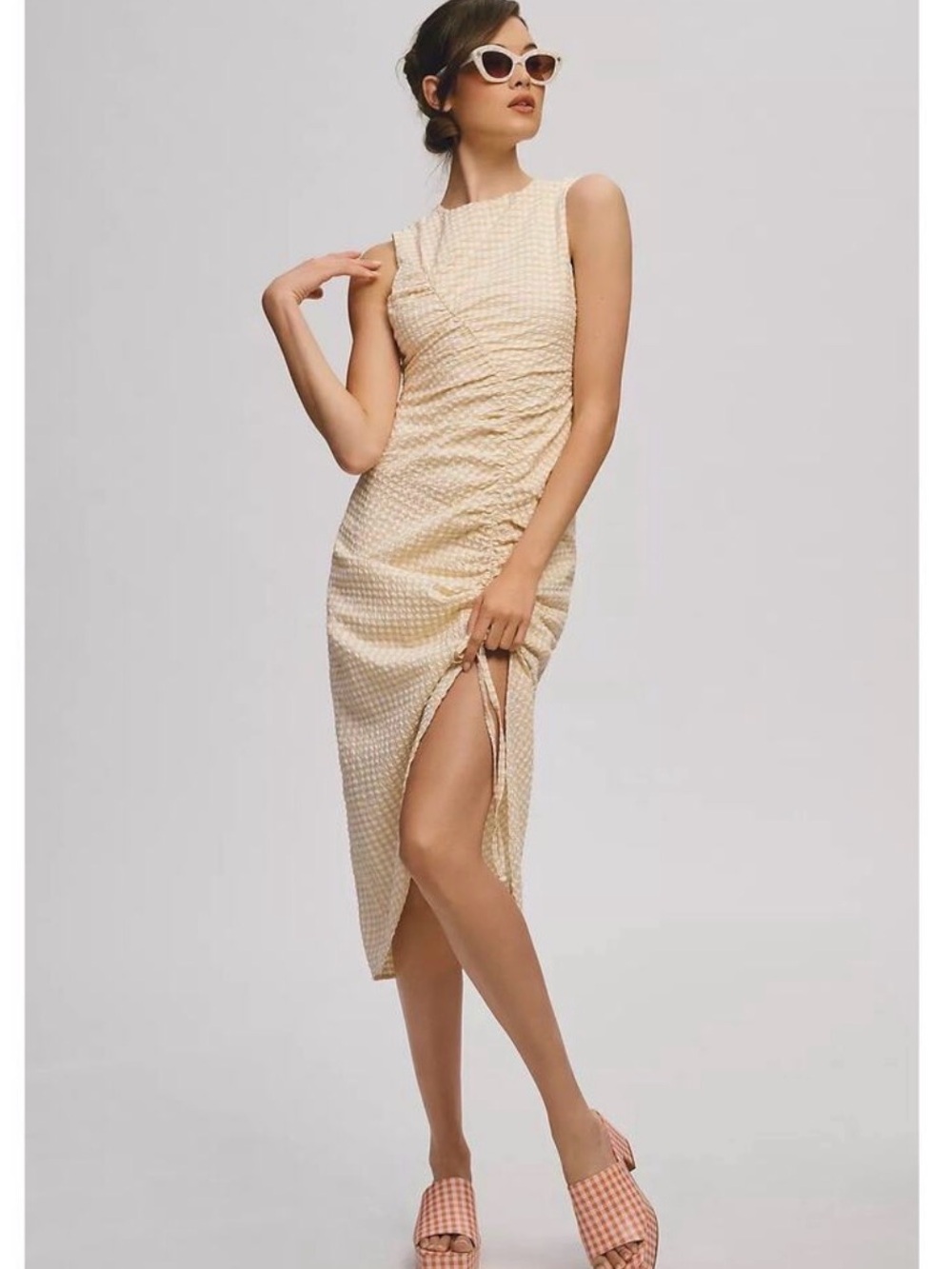 Anthropologie Cream Ruched Midi Dress